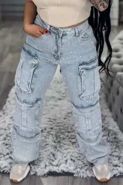 Multi-pocket Rhinestone Casual Jeans