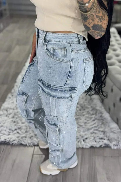 Multi-pocket Rhinestone Casual Jeans