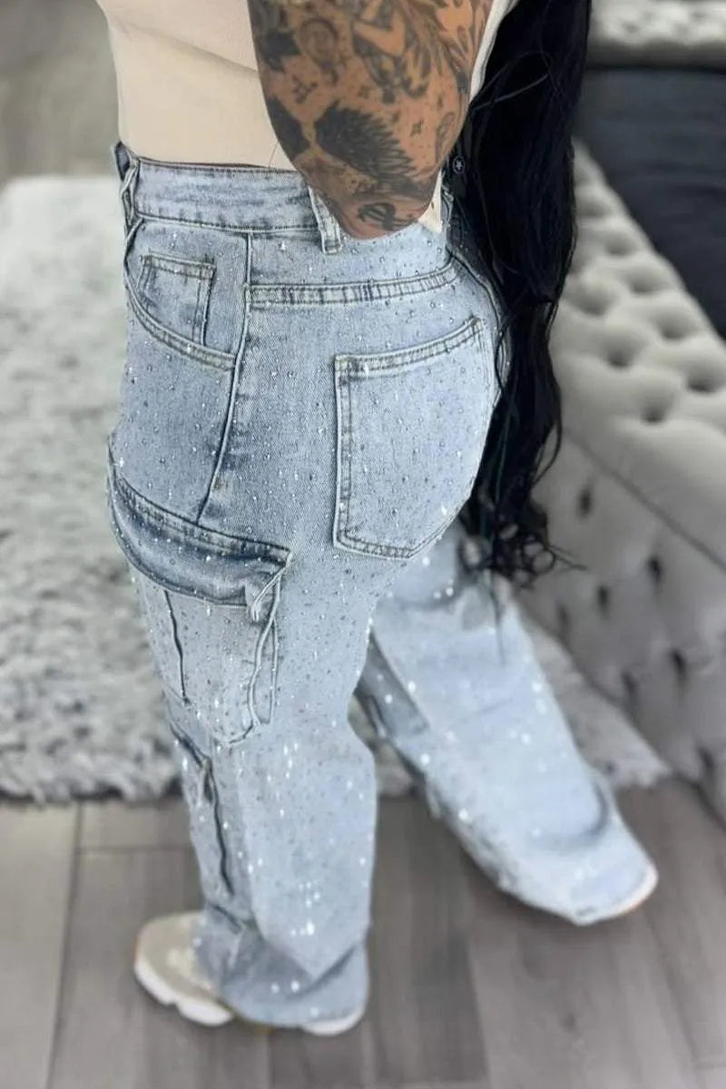 Multi-pocket Rhinestone Casual Jeans