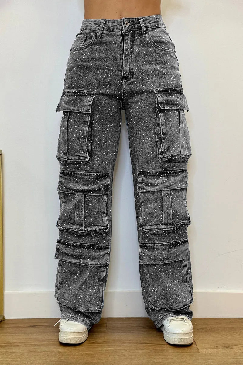 Multi-pocket Rhinestone Casual Jeans