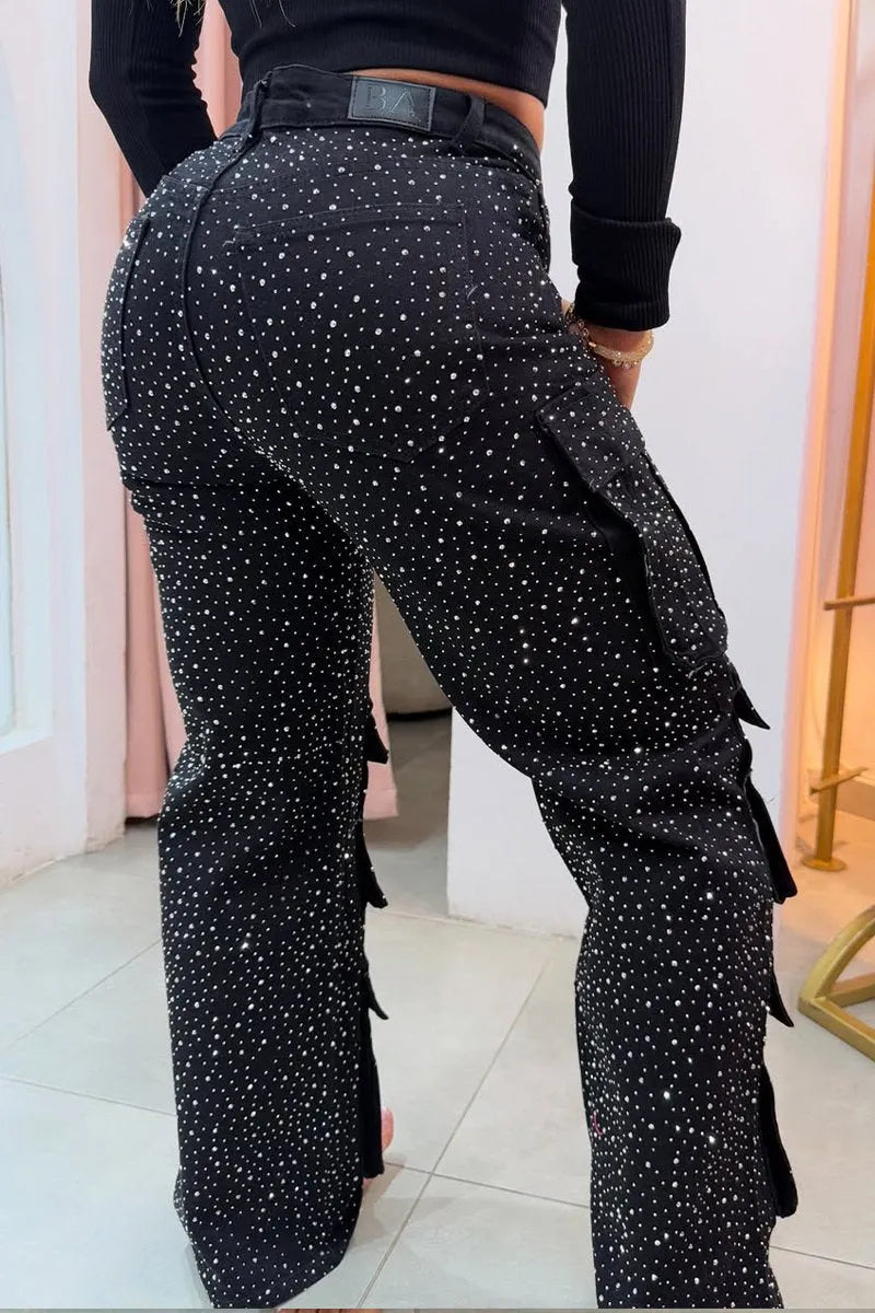 Multi-pocket Rhinestone Casual Jeans