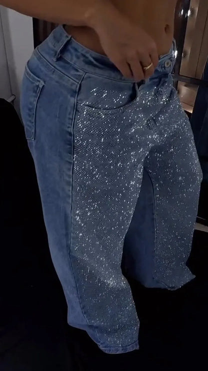 Single-sided Rhinestone Wide-leg Casual Jeans