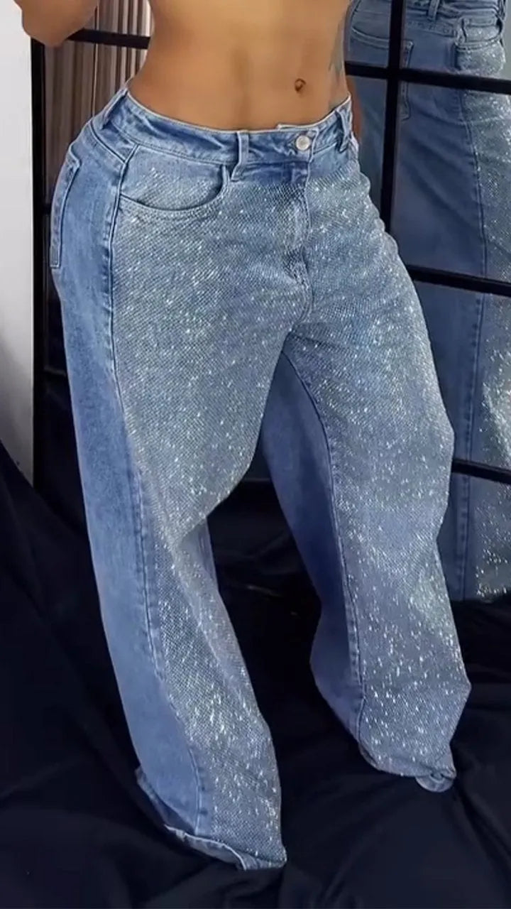 Single-sided Rhinestone Wide-leg Casual Jeans