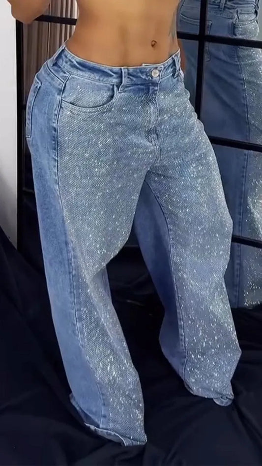 Single-sided Rhinestone Wide-leg Casual Jeans